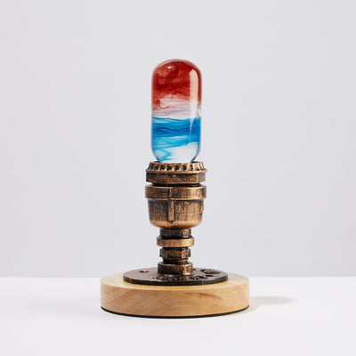EP Light 4-Pack Resin LED Bulbs with Wooden Base showing unique handcrafted resin bulbs in various colors