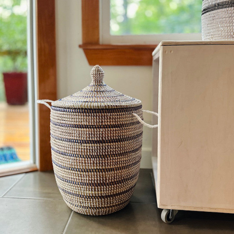 Striped White + Navy Medium Basket by Mbare Ltd - product image 2 for Resin Society