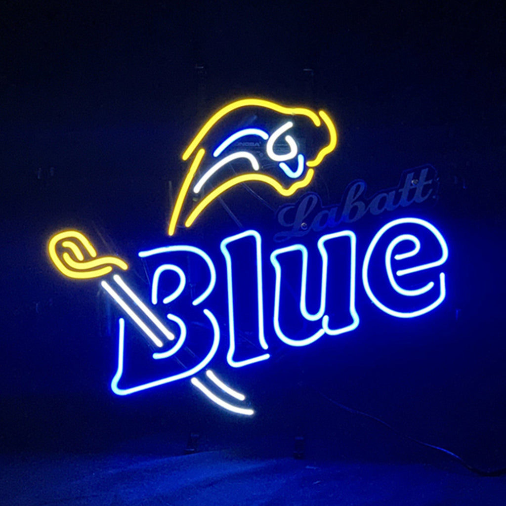 Neon sign with a yellow Rams head and a blue curved line forming 'Blue' below, with faint 'Labatt' text behind in blue neon light on a dark background.