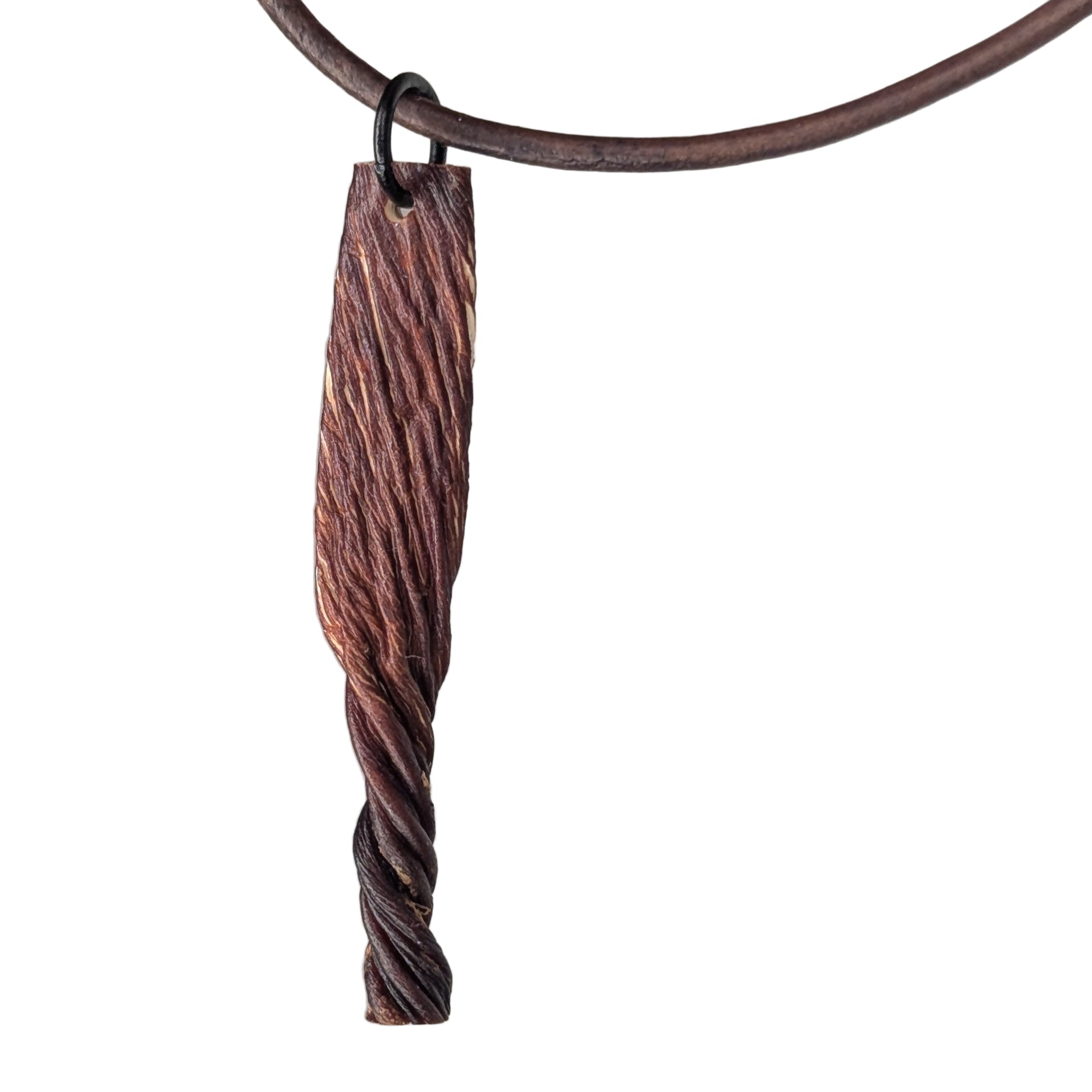Close-up view of the Saccharionyx kelp pendant on a leather cord, showing natural texture and organic shape