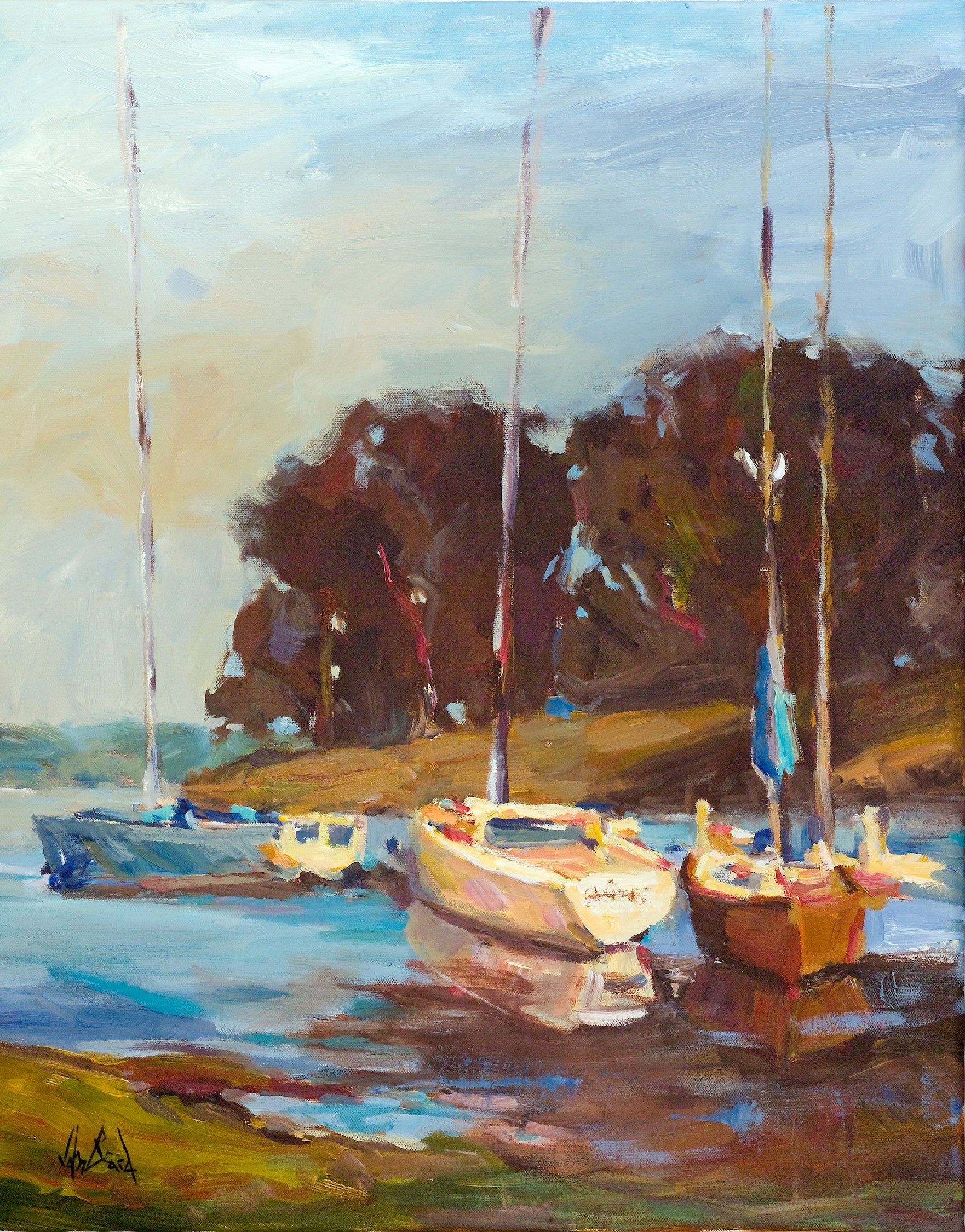 Sailboats in Cove Artist Enhanced Canvas Print by John Beard Collection - main product image for Resin Society
