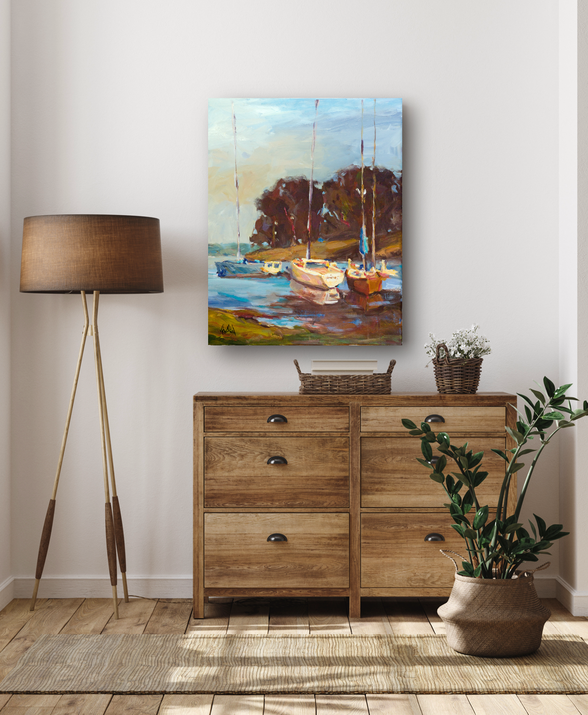 Sailboats in Cove Artist Enhanced Canvas Print by John Beard Collection - product image 2 for Resin Society