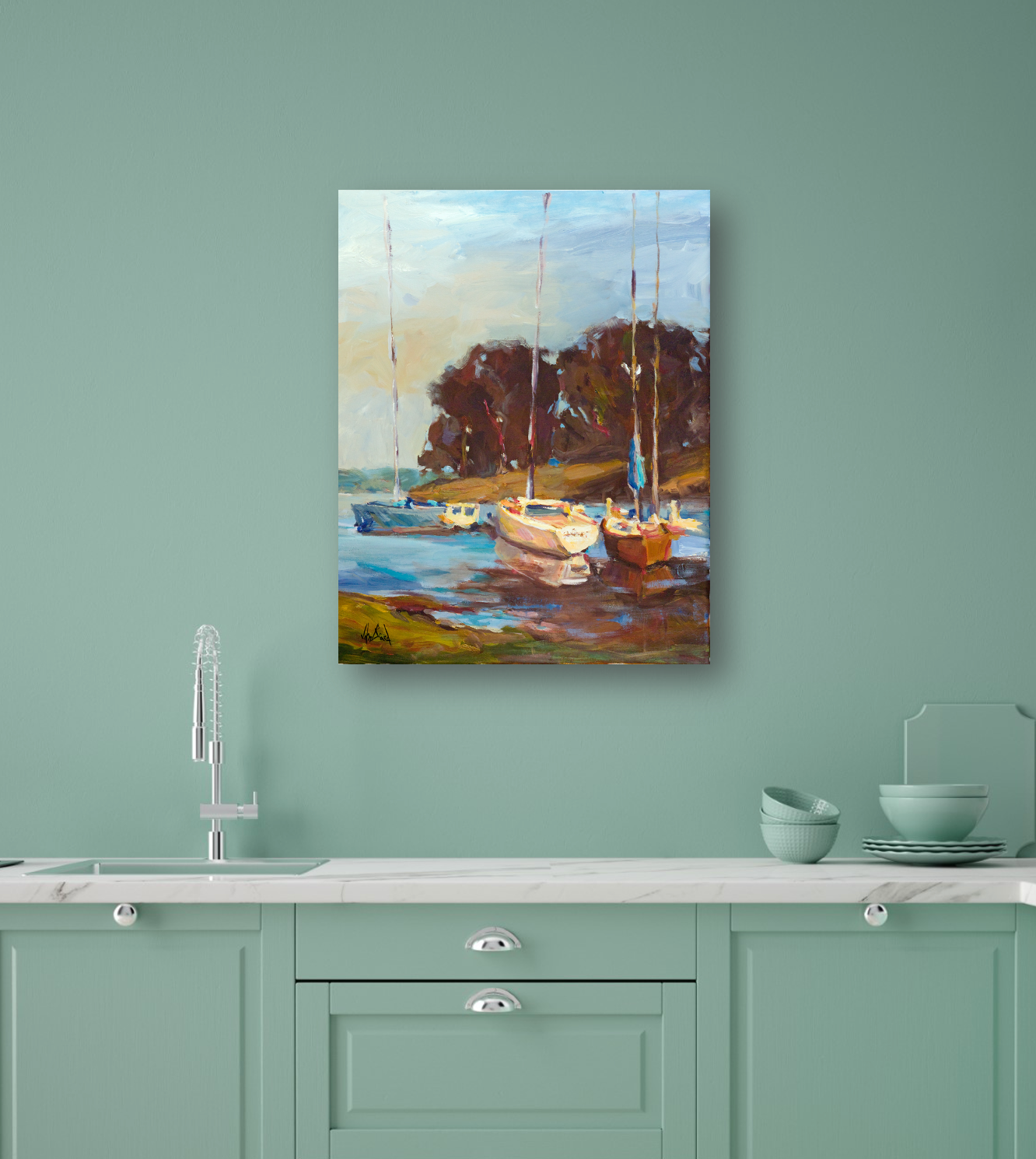 Sailboats in Cove Artist Enhanced Canvas Print by John Beard Collection - product image 3 for Resin Society