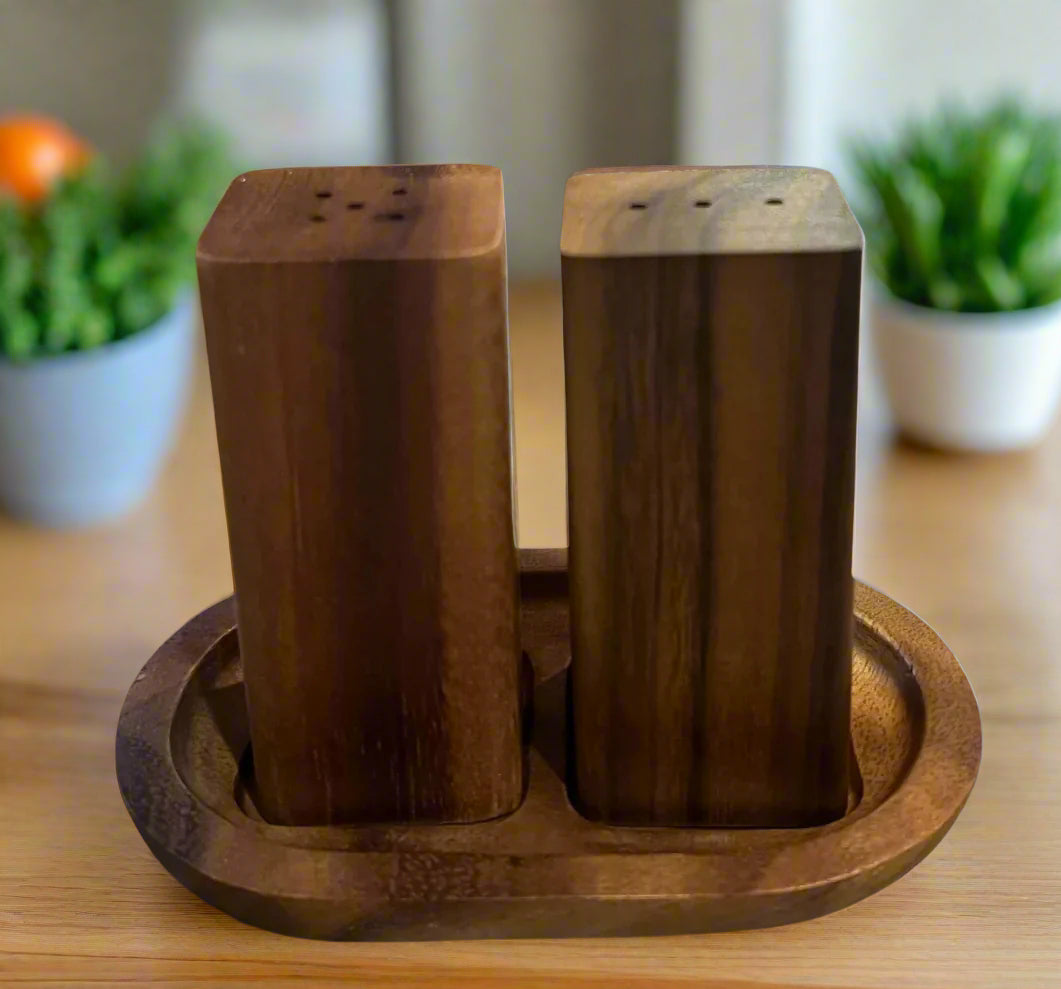 Salt & Pepper Shakers on an Acacia Wood Base by Kalmar Home - main product image for Resin Society