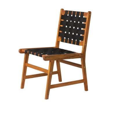 Sava Indoor Outdoor Armless Dining Side Chair with black nylon webbing and acacia wood frame in teak finish
