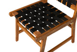Close-up of a chair seat with black webbing straps woven over a medium brown wooden frame with visible screws and rounded edges