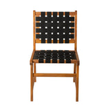 Dining side chair with a warm wooden frame and black woven webbing on the seat and backrest, designed without arms against a white background.