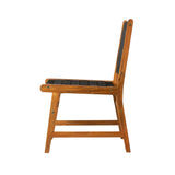 Side view of a wooden dining chair with black woven webbing on the seat and backrest, featuring a simple armless frame and visible brass fasteners.