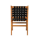 Armless dining chair with a warm wood frame and a black woven webbing seat and backrest in a grid pattern, shown front-facing on a white background.