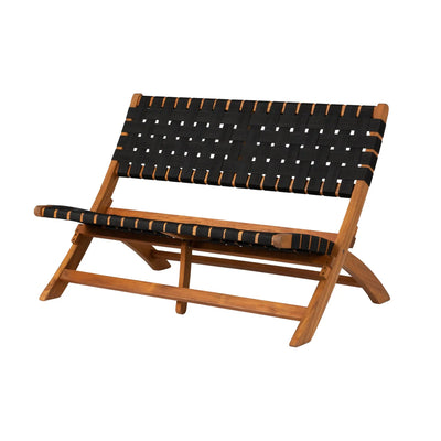 Sava Indoor Outdoor Folding Bench with teak-toned solid acacia frame and black woven nylon webbing seat and backrest, shown folded and unfolded