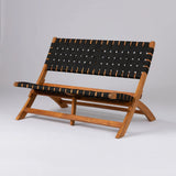 Low wooden bench with angled legs and black woven fabric straps across the seat and backrest, shown against a plain light gray background.