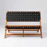 Bench with a light wooden frame and a black woven strap seat and backrest, shown frontally against a gray background.