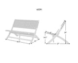Diagram of a folding bench with dimensions labeled: 43.5 inches wide, 27 inches deep, seat height 14.5 inches, backrest height 29 inches, and seat angle 15 degrees.