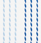 Close-up of white fabric with vertical running stitch embroidery in alternating light and dark blue threads.