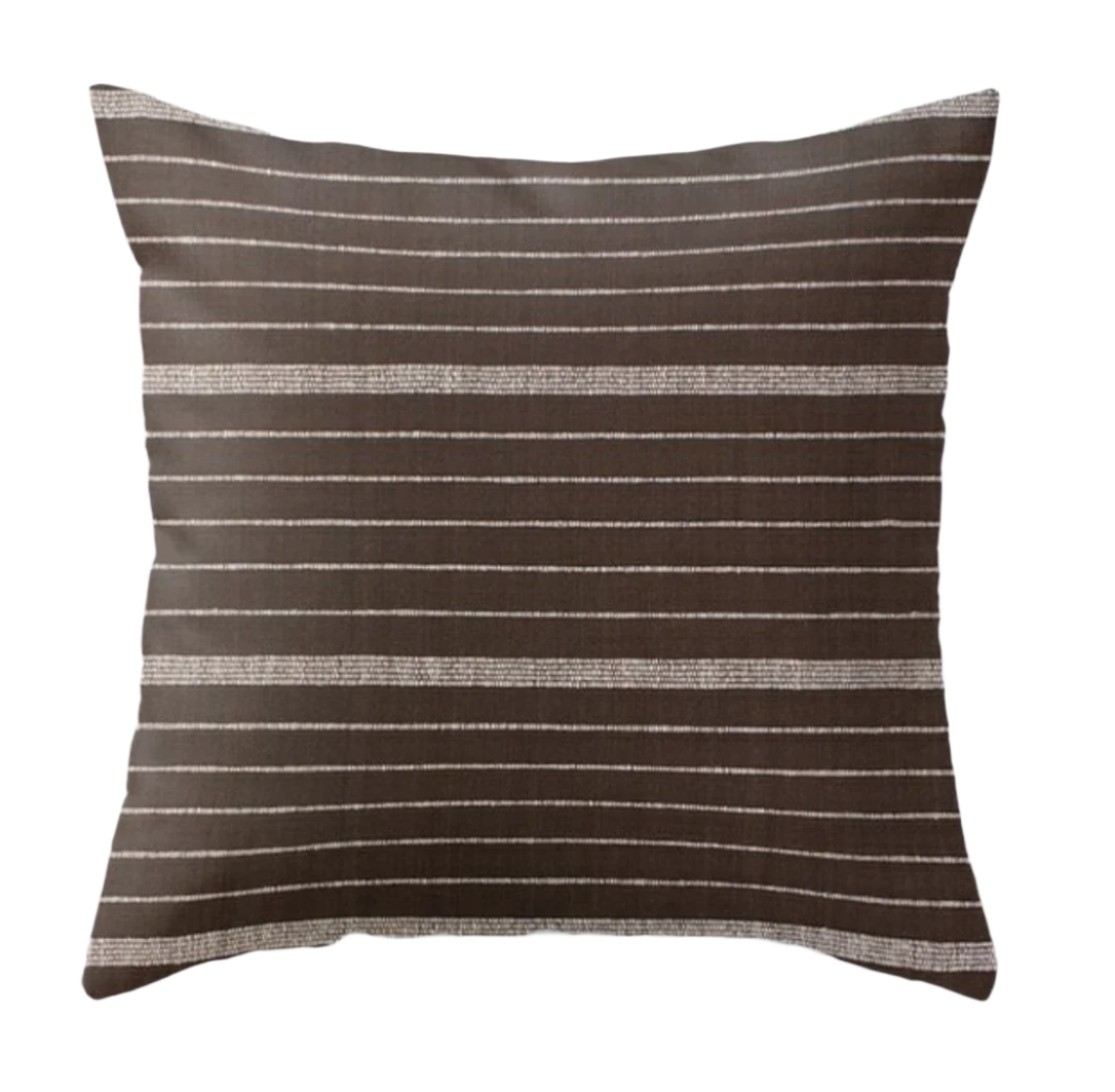 Cusco Stripe Pillow Cover in Chocolate showing striped front and linen back