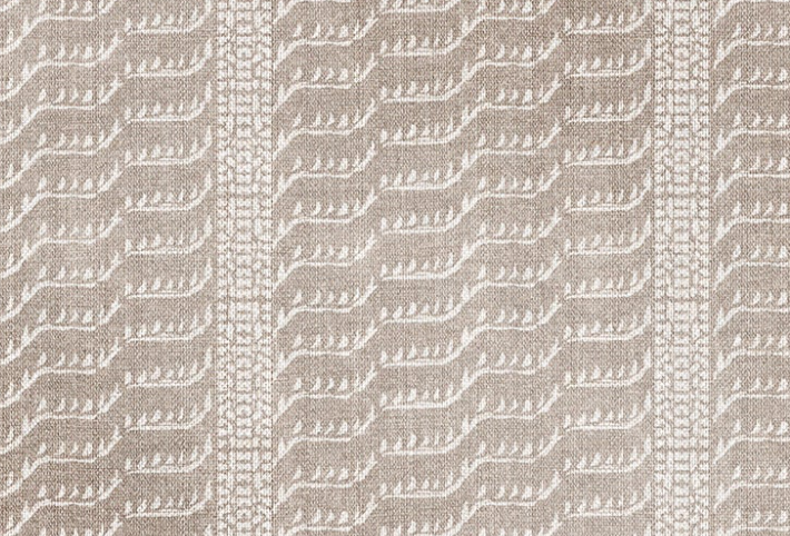 Beige fabric with a textured pattern of repeating stylized branches and vertical lines, creating a subtle, natural woven design.