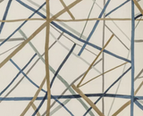 Fabric with an abstract pattern of intersecting thin lines in brown, blue, and gray on a light beige background, creating a contemporary geometric design.