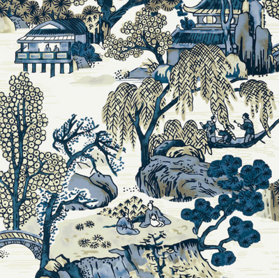 Asian Scenic Pillow Cover in Navy, Thibaut Pillows