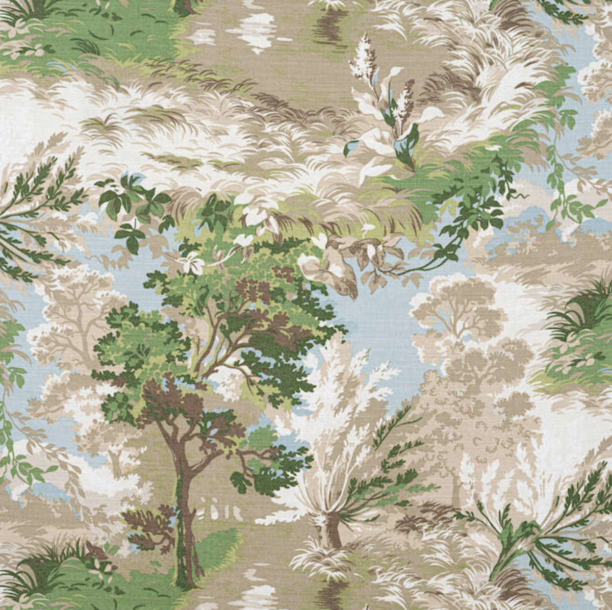 Textile pattern featuring green and brown trees with beige and white foliage against a light blue and tan background, creating a layered landscape effect.