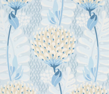 Floral pattern with cream and blue rounded flower heads and blue leaves on a light blue background with subtle leaf and raindrop motifs