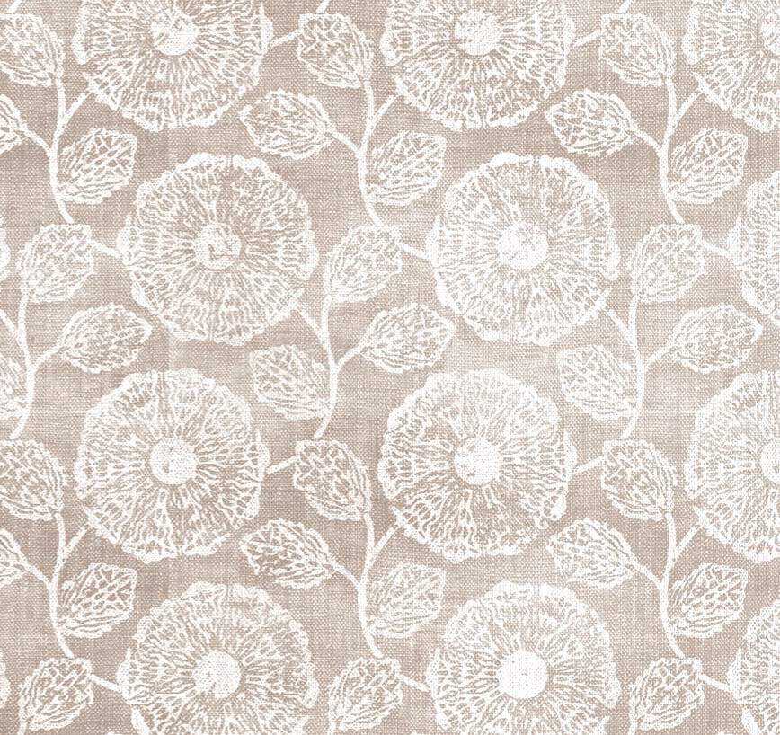 Light beige pillow cover featuring a white floral pattern of round flowers with radiating petal details and connected veined leaves on slender stems.