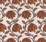 Ochre floral pattern with rounded petals and dotted accents connected by dark brown stems and leaves on a light beige fabric background.