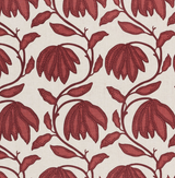 Pattern of dark red desert floral motifs with dotted detailing and elongated leaves on a light beige background, repeating in vertical rows.