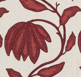 Close-up of a fabric pattern showing dark red floral and leaf motifs with dotted details on a beige background.
