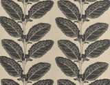 Textile pattern featuring vertical branches with large, intricate black leaves against a beige background in a repeating design.