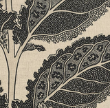 Close-up of a black botanical print featuring stylized leaves with star-like and dotted patterns on a beige fabric background.