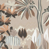 Close-up of a fabric with stylized brown, beige, white, and gray leaves and petals on a light beige background with subtle zigzag patterns.
