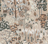 Muted beige fabric with an abstract botanical print featuring stylized leaves and flowers in shades of brown, gray, and white, forming a layered natural pattern.