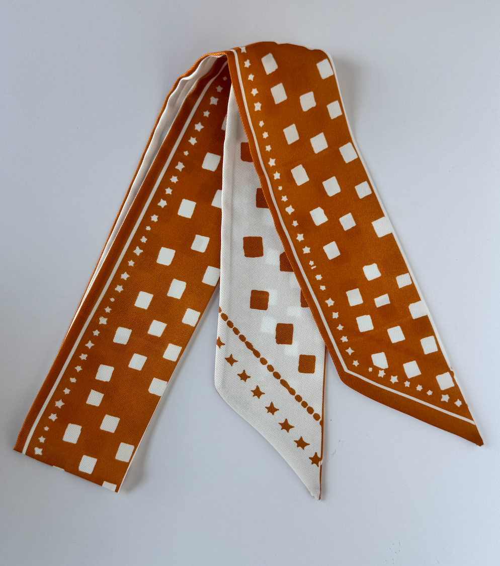 Burnt Orange and White Blocks Twilly skinny scarf with vibrant block print