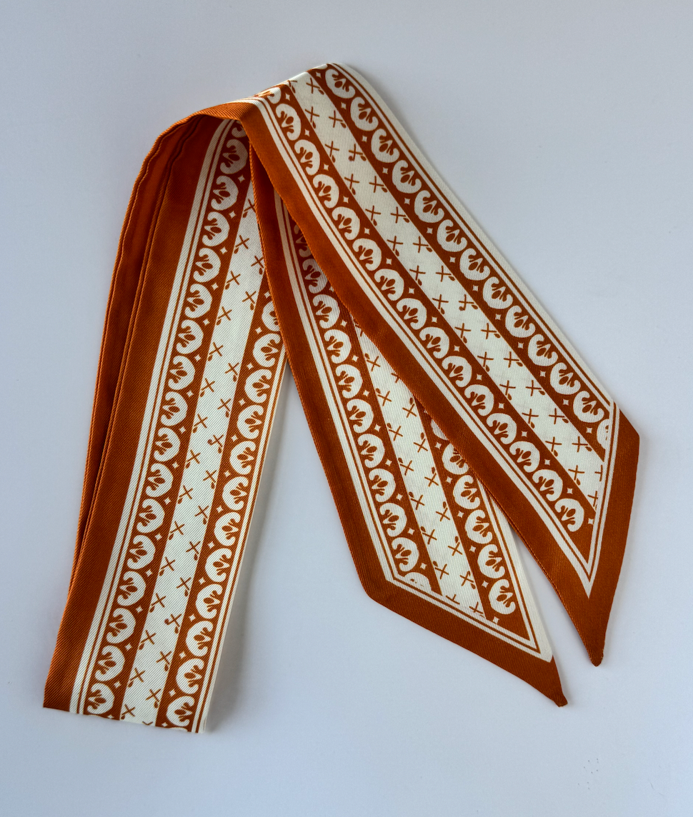 Burnt Orange and White Ribbon Twilly silky skinny scarf by Hibiscus Linens