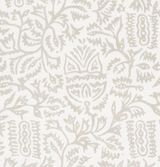 Close-up of a fabric pattern featuring taupe botanical and abstract shapes on a creamy white background with a textured weave.