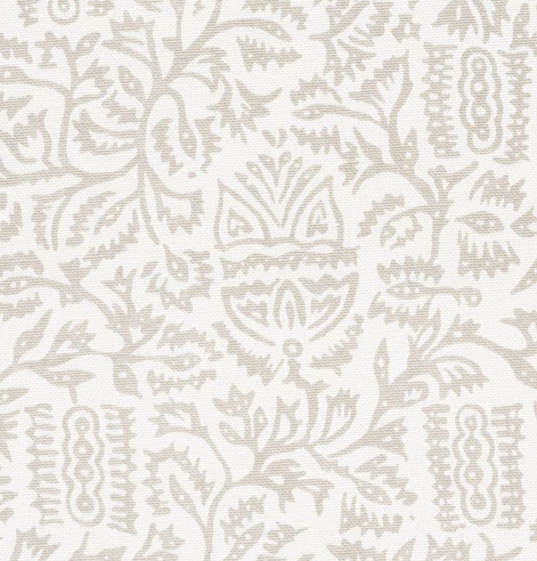 Close-up of a fabric pattern featuring taupe botanical and abstract shapes on a creamy white background with a textured weave.