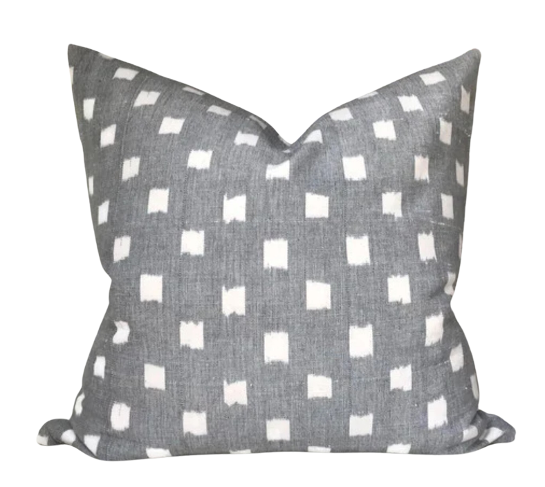 Rex Pillow Cover in Grey showing woven fabric front and ivory linen back