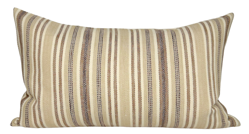 Bentley Stripe Pillow Cover in Tan front and back views showing woven fabric front and ivory linen backing