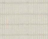 Beige fabric with a repeating geometric twine pattern of interconnected diamond and vertical shapes in soft gray tones, creating a subtle textured look.