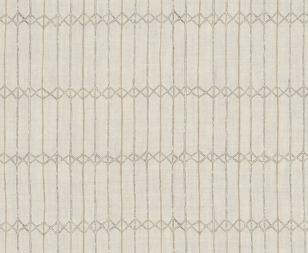 Beige fabric with a repeating geometric twine pattern of interconnected diamond and vertical shapes in soft gray tones, creating a subtle textured look.