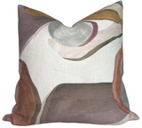 Square pillow cover with abstract shapes in muted earth tones including brown, beige, gray, ochre, and muted red on a cream background.
