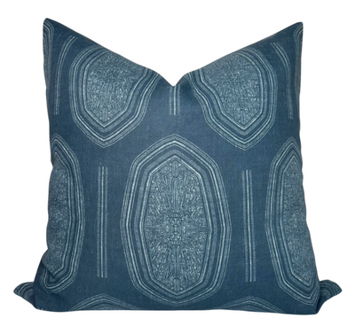 Kamba Pillow Cover in Indigo Blue with Kamba print on front and ivory linen back