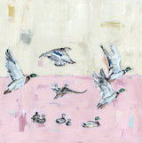 Fine art print titled Taking Off Pink Ducks by Chelsea McShane featuring pink ducks in flight over a lake