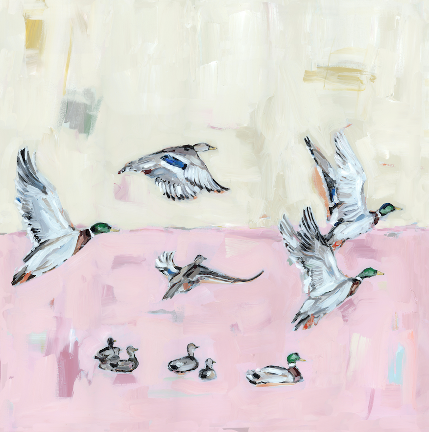 Fine art print titled Taking Off Pink Ducks by Chelsea McShane featuring pink ducks in flight over a lake