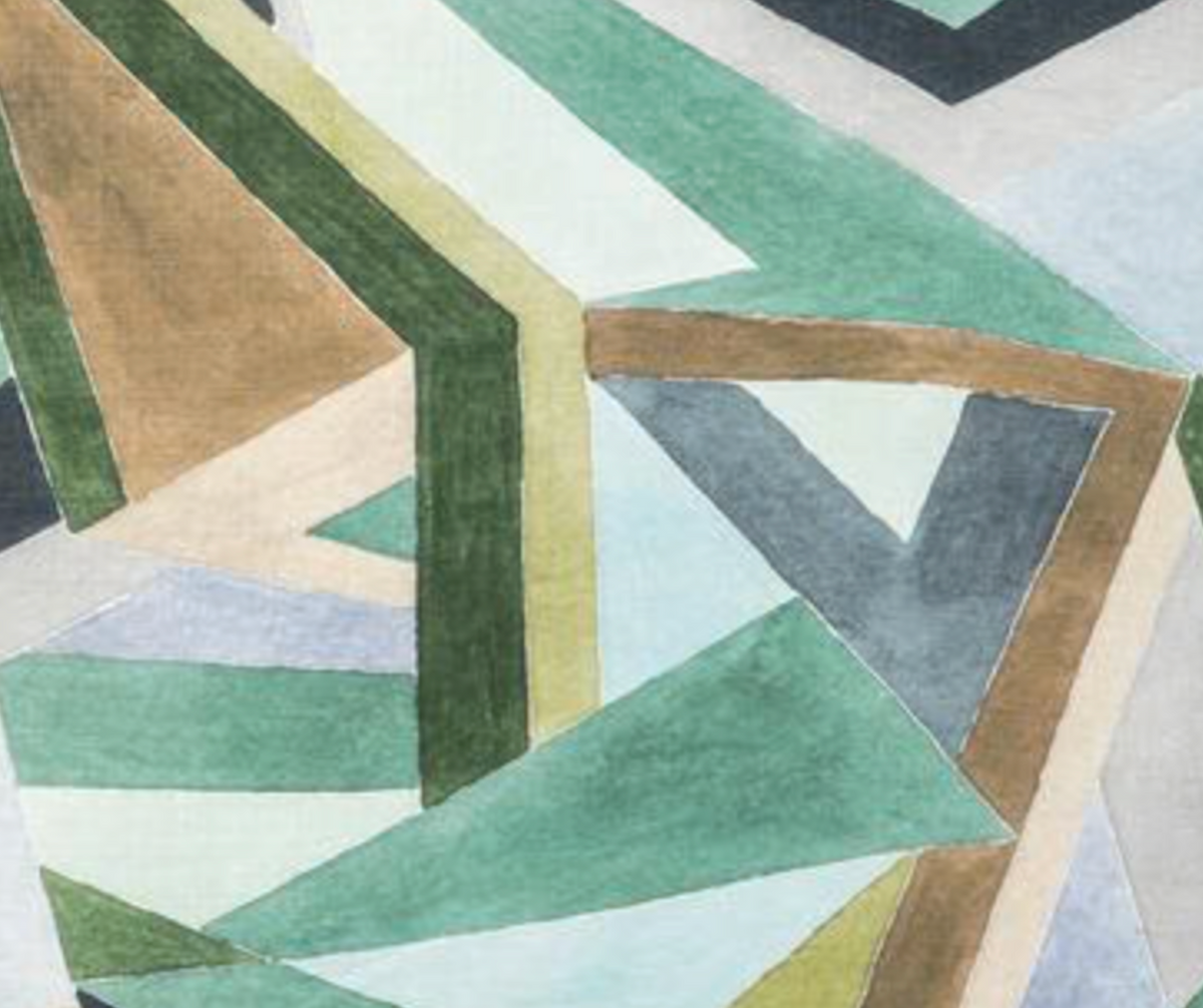Abstract geometric pattern on fabric with overlapping triangles and trapezoids in shades of green, brown, gray, and light blue forming a modern design.