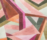 Geometric pattern with overlapping triangles and trapezoids in shades of rose, pink, green, and brown creating an abstract angular design.