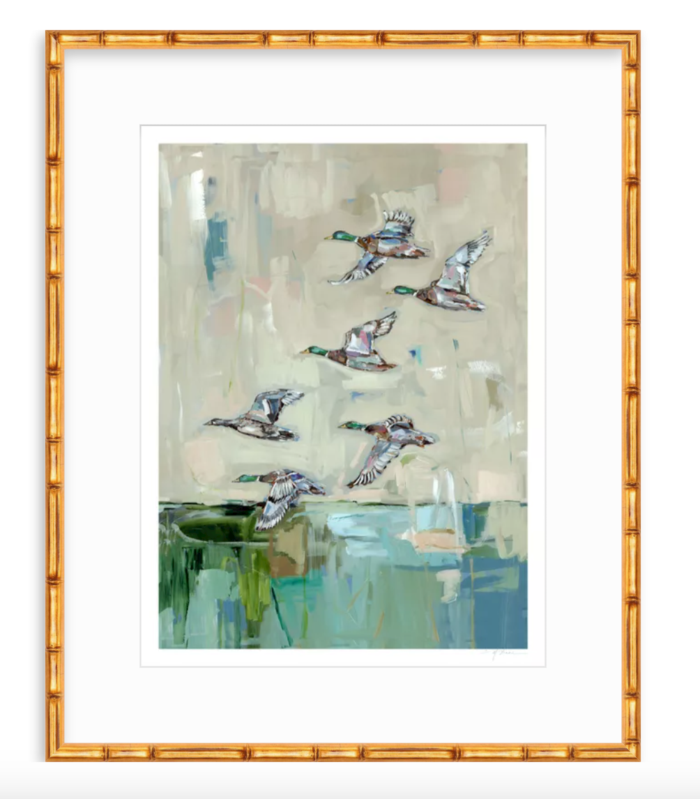 Chelsea McShane's fine art print depicting mallard ducks in flight over a marshy landscape