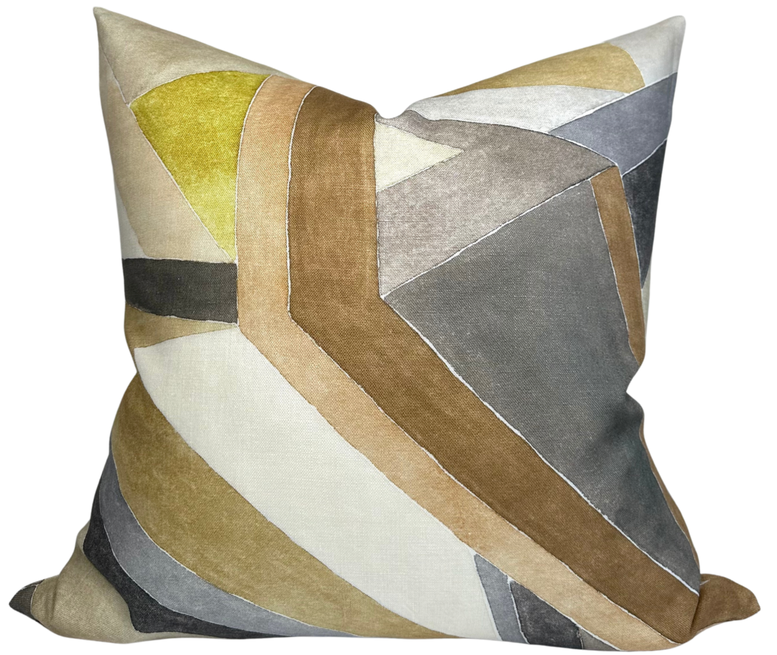 Roulade Pillow Cover in Citrine showing abstract printed front fabric and ivory linen back
