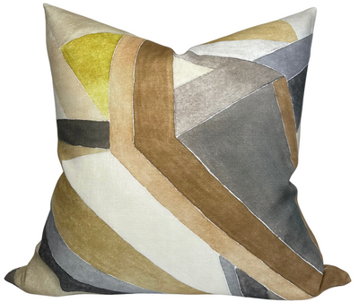 Roulade Pillow Cover in Citrine showing abstract printed front fabric and ivory linen back