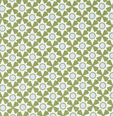 Geometric pattern of interlocking green star shapes with blue hexagonal centers on a white background, forming a repetitive, tessellated design.